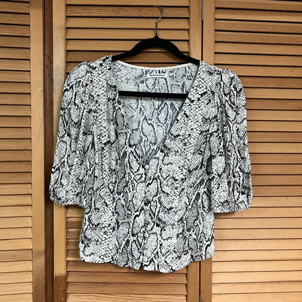 Reformation Black and White Snakeskin Deep V Buttoned Blouse